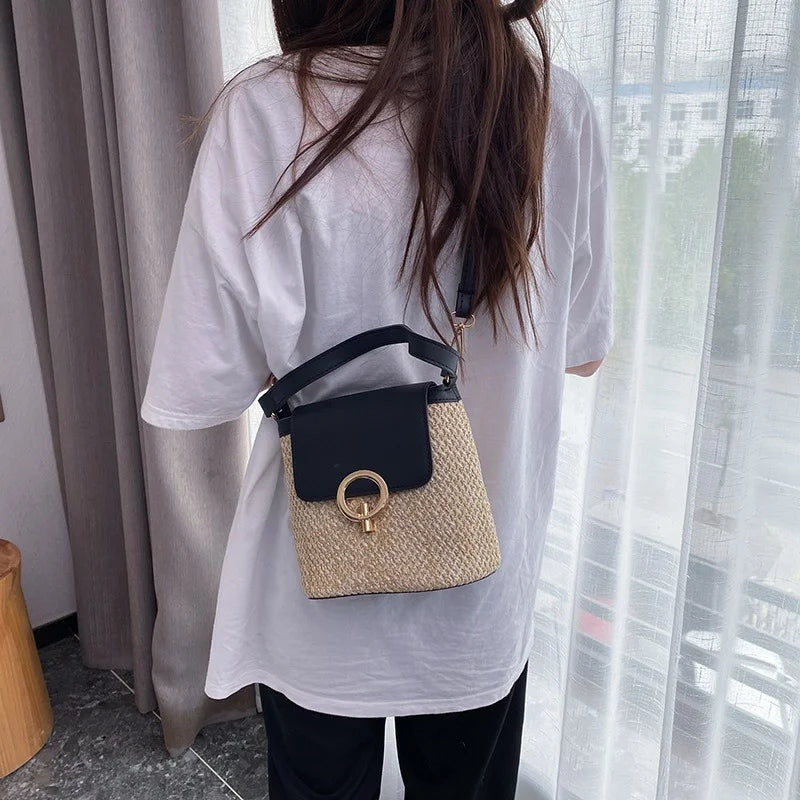 Straw Shoulder Messenger Bags Women's Woven Bucket Bag Summer Beach Straw Bag