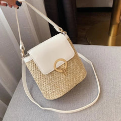Straw Shoulder Messenger Bags Women's Woven Bucket Bag Summer Beach Straw Bag