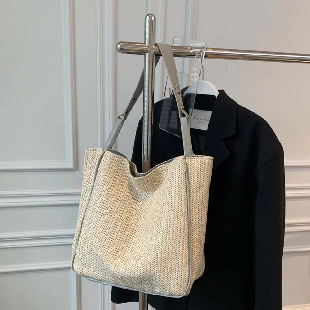 Straw Beach Tote Bag Woven Leather Shoulder Handbag