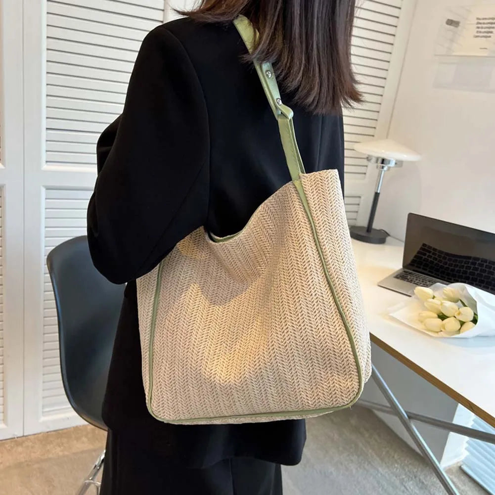 Straw Beach Tote Bag Woven Leather Shoulder Handbag