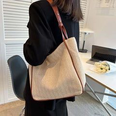Straw Beach Tote Bag Woven Leather Shoulder Handbag
