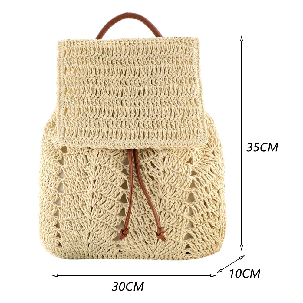 Straw Women Shoulder Bag Backpack Hand-Woven Beach Purse