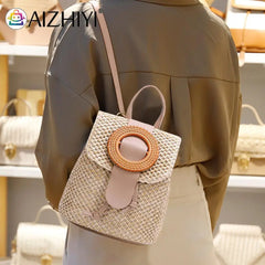 Woven Straw Women Shoulder Bag Beach Purse Backpack
