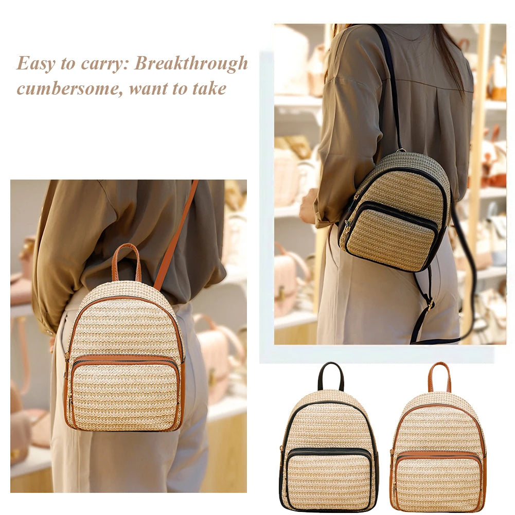 Straw Women Shoulder Bag Backpack Hand-Woven Female Beach Purse
