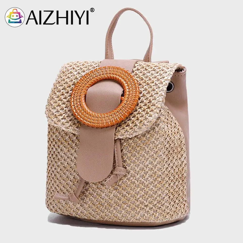 Woven Straw Women Shoulder Bag Beach Purse Backpack
