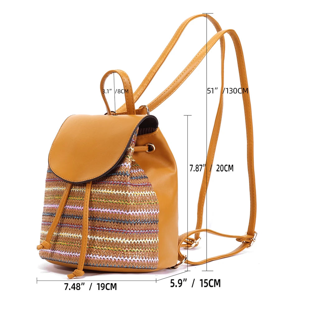 Straw Women Shoulder Bag Backpack Hand-Woven Holiday Purse