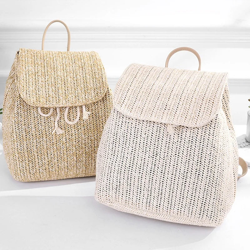 Straw Woven Backpack Ladies Shoulder Bag Light Brown