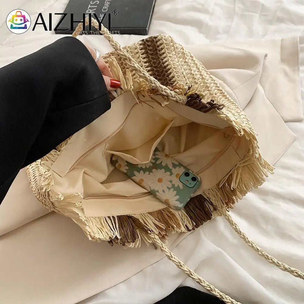 Straw Woven Shoulder Bag for Women Summer Beach Travel Totes