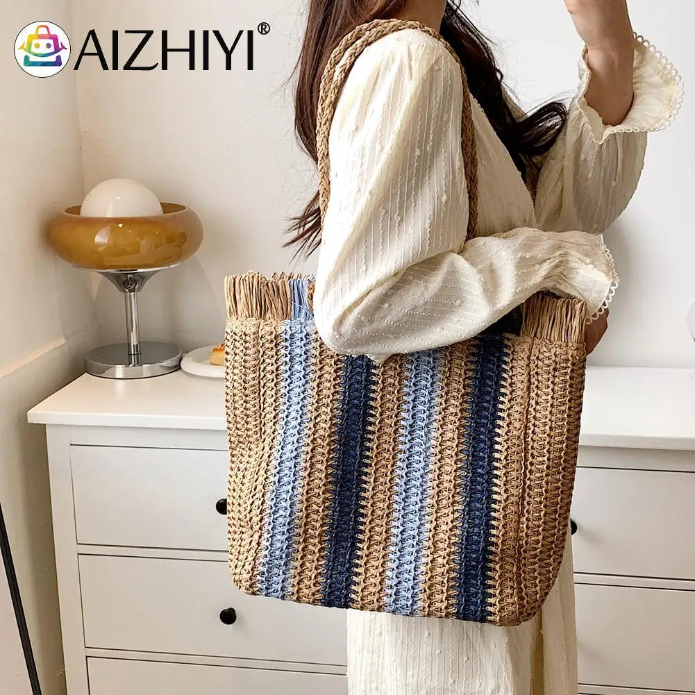 Straw Woven Shoulder Bag for Women Summer Beach Travel Totes