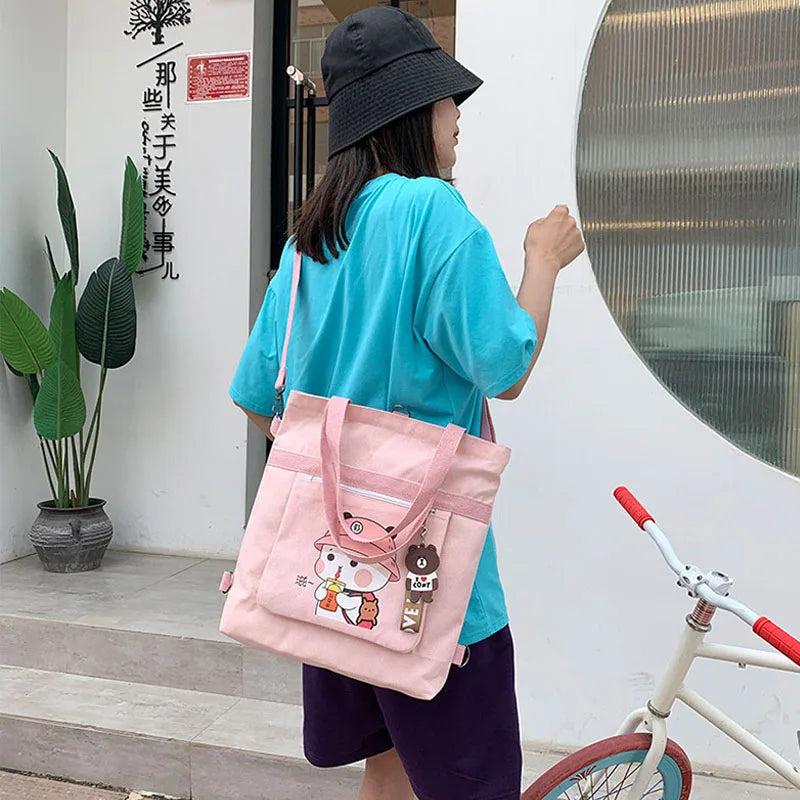 Cartoon Print Canvas Shoulder Schoolbag for Girls