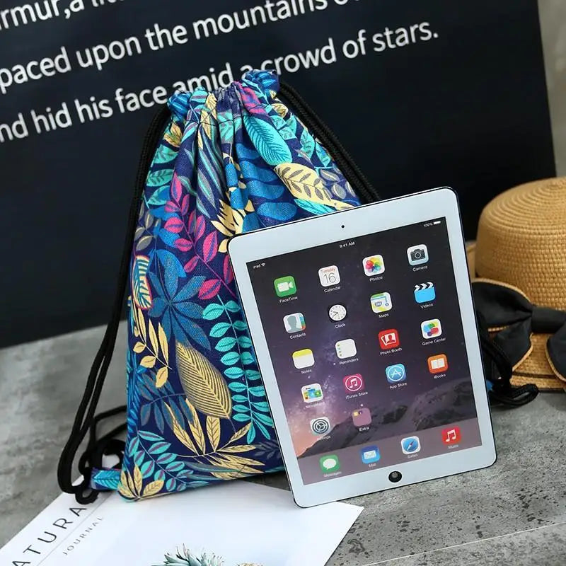 Leaf Drawstring Shoulder Storage Bag Women Men Travel Beach Backpack