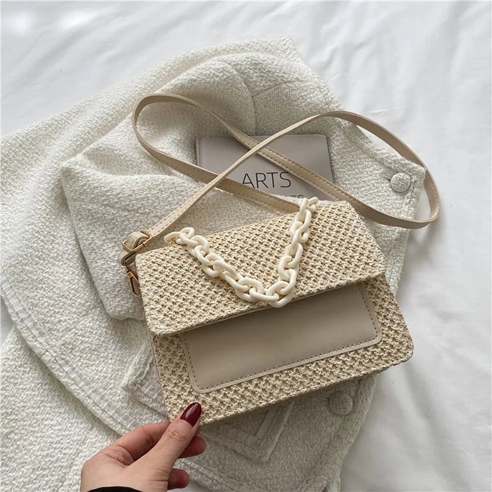 Summer Straw Square Bag Women Handbags Woven Hobo Beach Bag Acrylic Chain PU