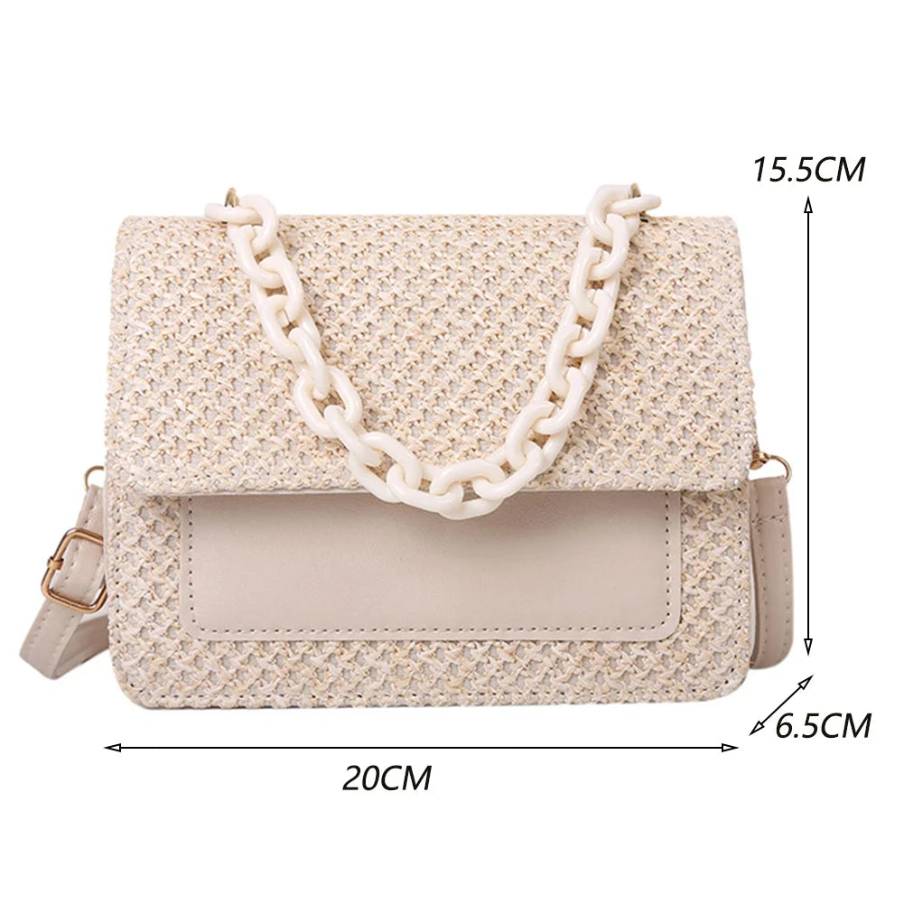Summer Straw Square Bag Women Handbags Woven Hobo Beach Bag Acrylic Chain PU
