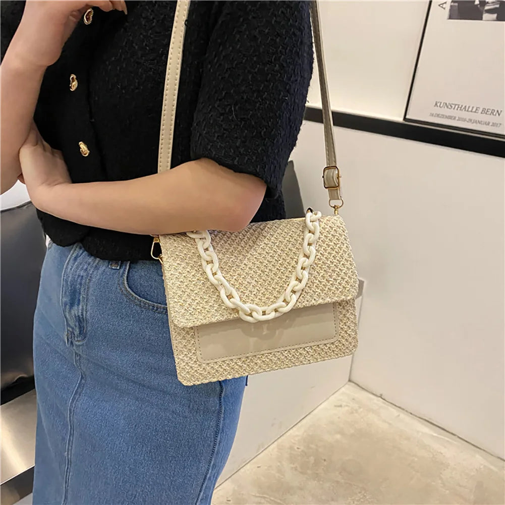 Summer Straw Square Bag Women Handbags Woven Hobo Beach Bag Acrylic Chain PU
