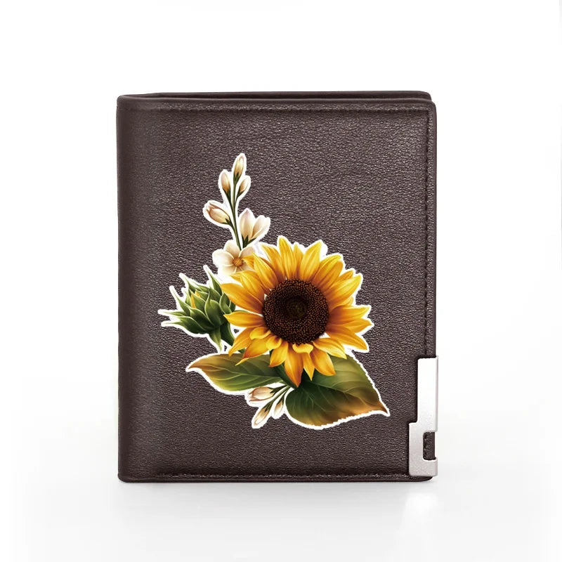 Sunflower Leaves Leather Wallet Men Women Billfold Slim