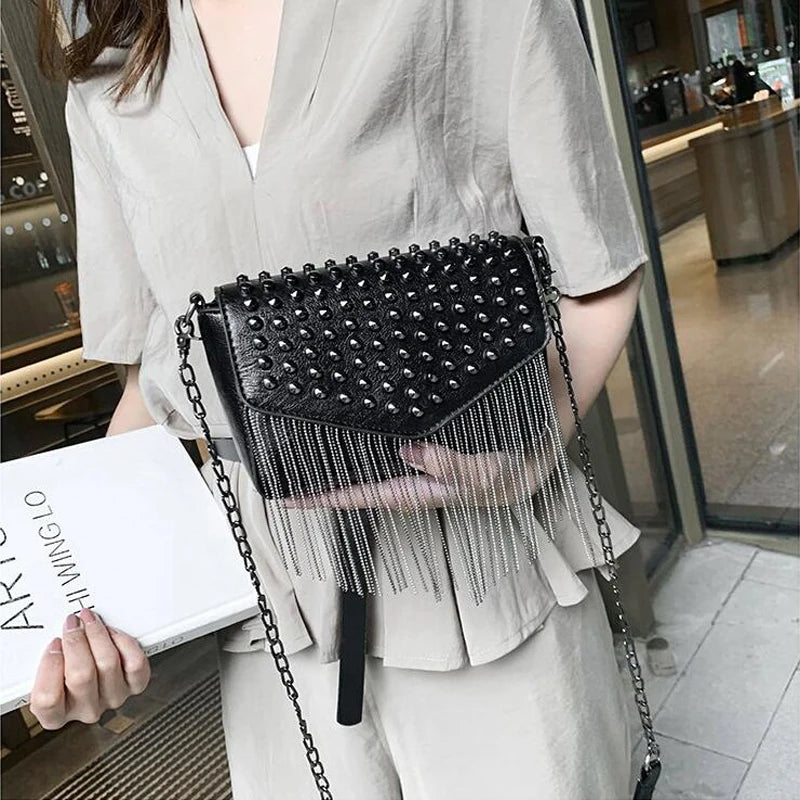 Tassel Diamonds Mini Chain Shoulder Bag Crossbody Leather Rivets Female Bolsa