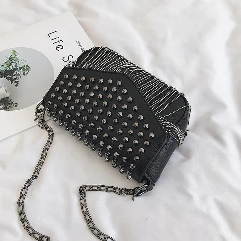 Tassel Diamonds Mini Chain Shoulder Bag Crossbody Leather Rivets Female Bolsa