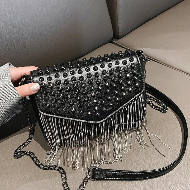 Tassel Diamonds Mini Chain Shoulder Bag Crossbody Leather Rivets Female Bolsa