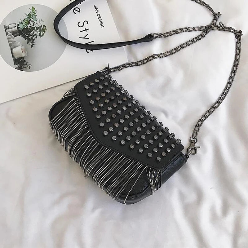 Tassel Diamonds Mini Chain Shoulder Bag Crossbody Leather Rivets Female Bolsa