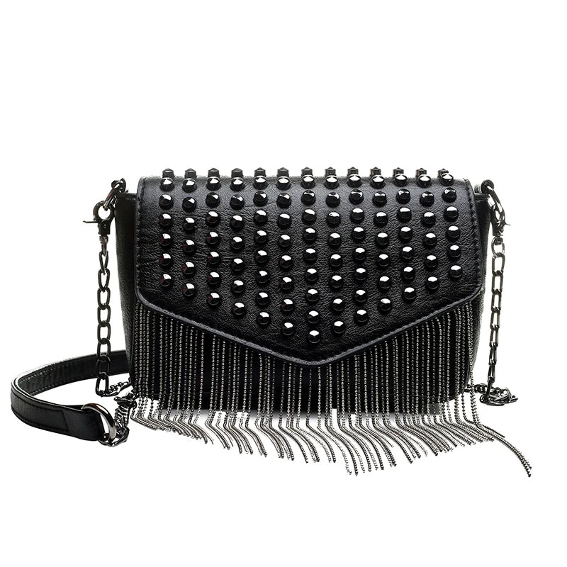 Tassel Diamonds Mini Chain Shoulder Bag Crossbody Leather Rivets Female Bolsa