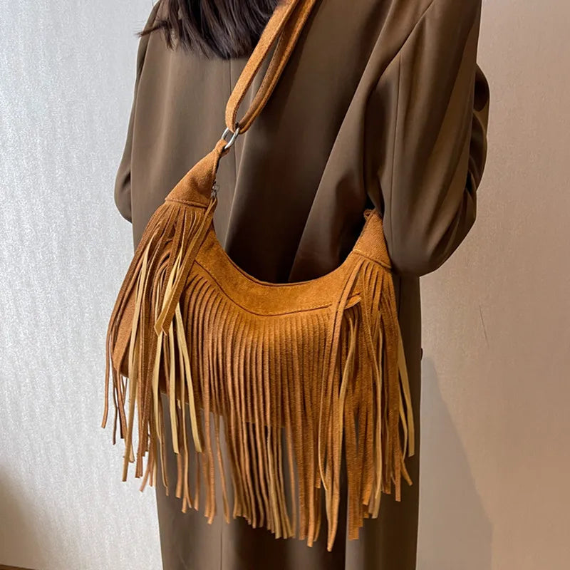 Tassel Women Shoulder Bags Faux Suede Handbags Large Capacity Crossbody Bags