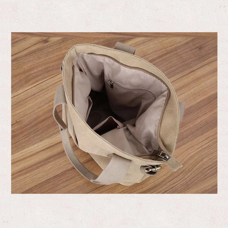 Canvas Tote Shoulder Bag Large Casual Handbag Zipper Khaki Rice