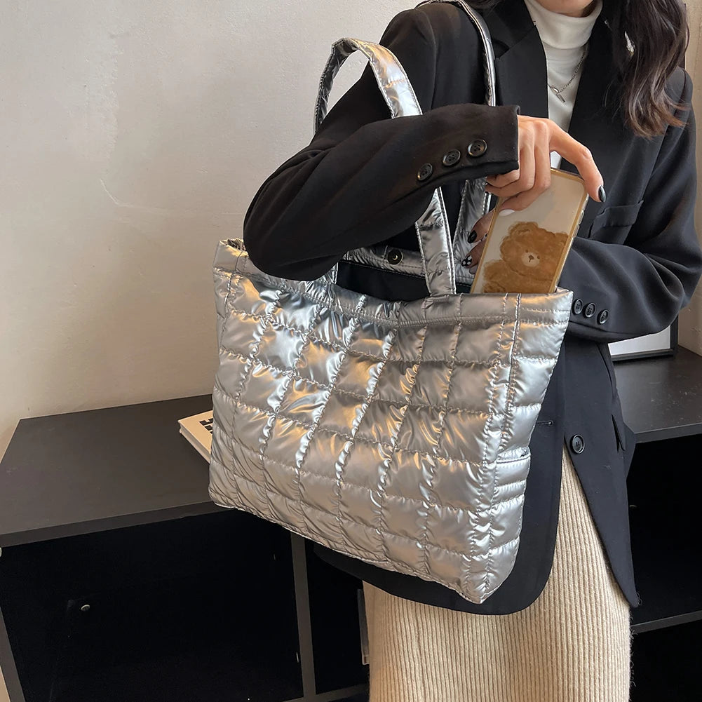 Nylon Quilted Shoulder Tote Large Capacity Cotton Padded Solid Top-handle Bag