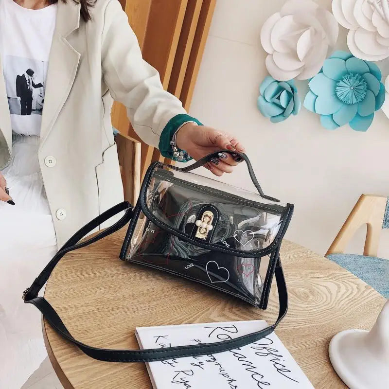 Transparent Pvc Messenger Bag Heart Print Jelly Lock Bag