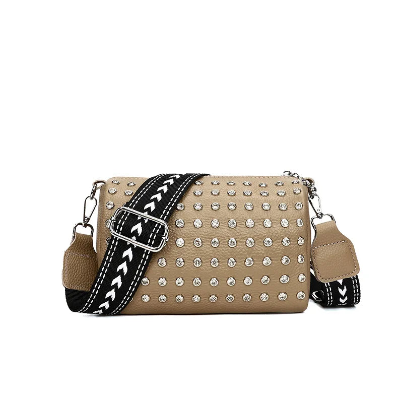 Vintage Rhinestone Sling Handbag Women Leather Tote Lady Shoulder Bag