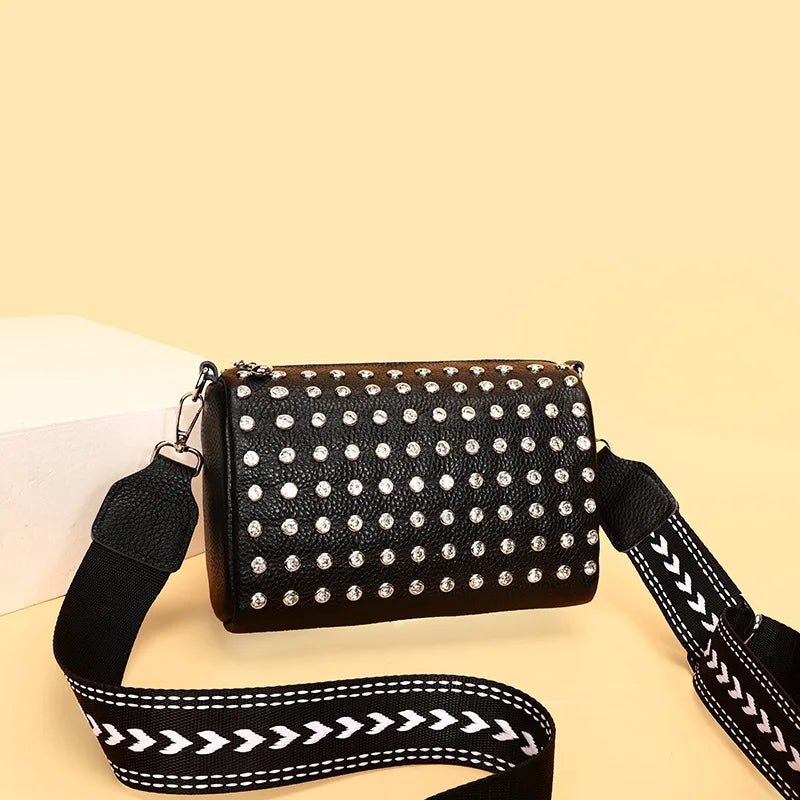 Vintage Rhinestone Sling Handbag Women Leather Tote Lady Shoulder Bag