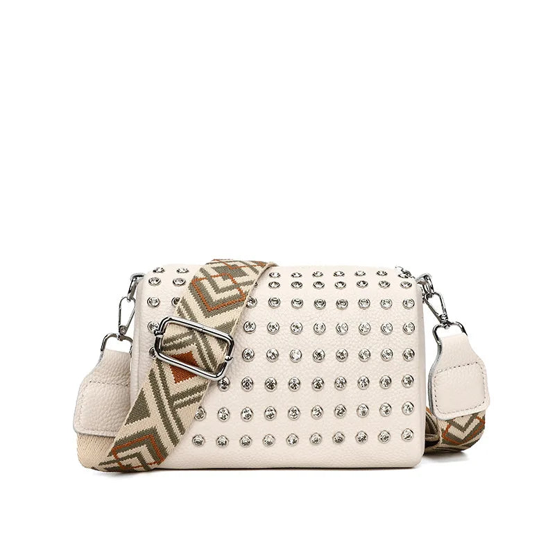 Vintage Rhinestone Sling Handbag Women Leather Tote Lady Shoulder Bag