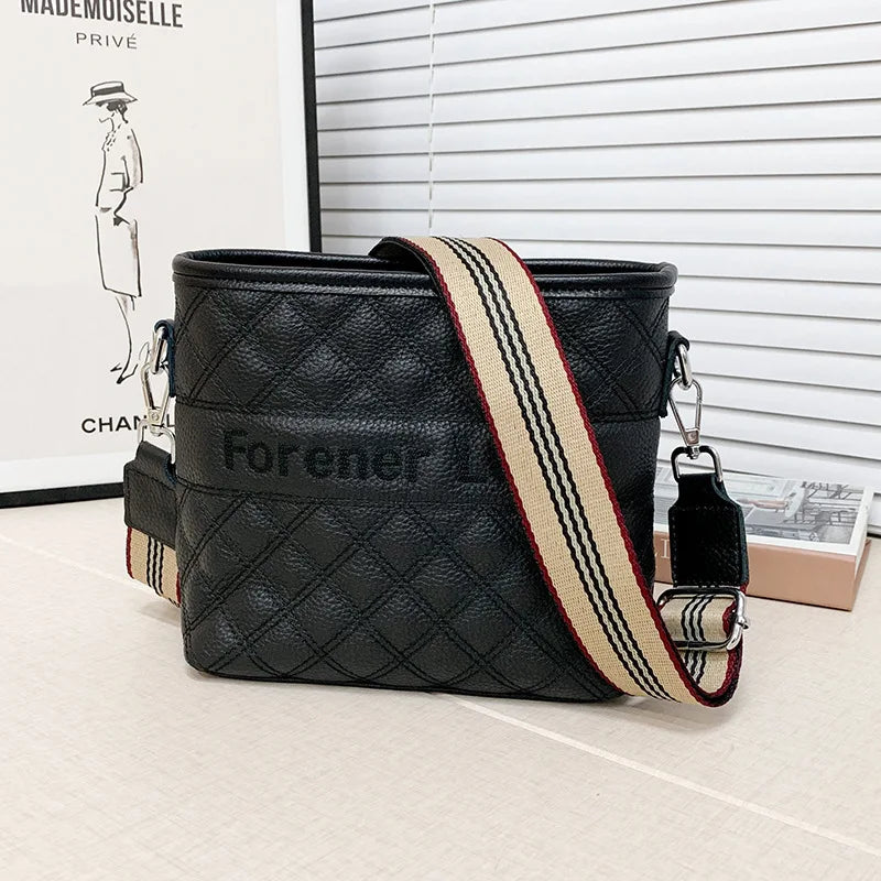 Plaid Leather Bucket Shoulder Messenger Bag for Women