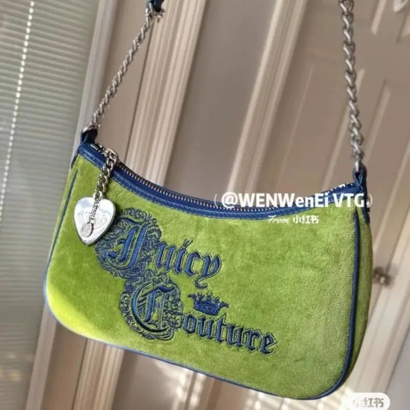 Green Velvet Armpit Bag Heart Pendant Shoulder Bag