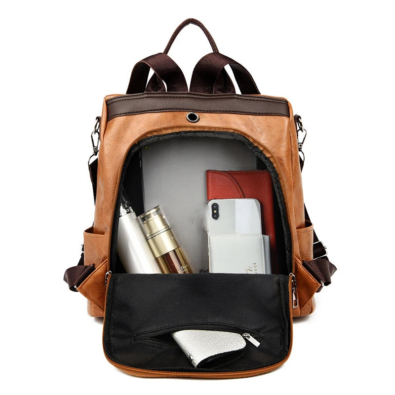 Vintage PU Leather Backpacks Women Big Capacity Travel Bookpack