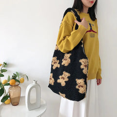Winter Lamb Hair Shoulder Bag Women Cartoon Bear Plush Handbags