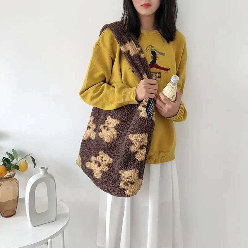 Winter Lamb Hair Shoulder Bag Women Cartoon Bear Plush Handbags