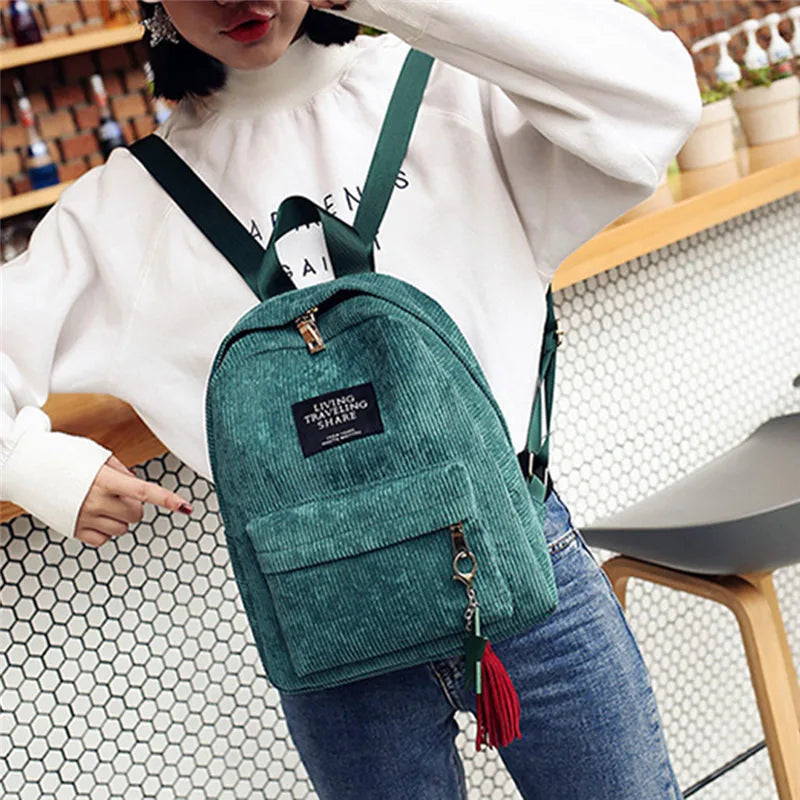 Campus Style Corduroy Backpack Double Shoulder Bag School Knapsack