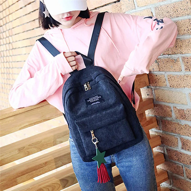 Campus Style Corduroy Backpack Double Shoulder Bag School Knapsack