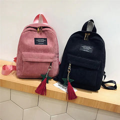 Corduroy Campus Style Mini Backpack Solid Color Double Shoulder Bag