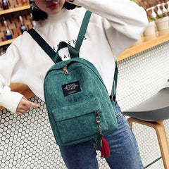 Campus Style Corduroy Backpack Solid Color Double Shoulder Bag