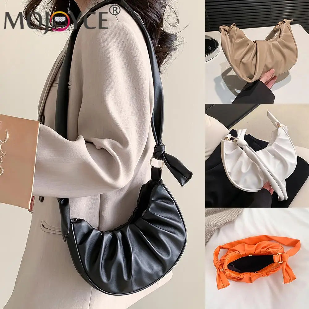Women Armpit Bag Solid PU Leather Cloud Pleated Casual Purse