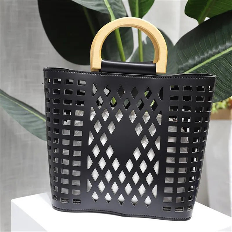Hollow Out Beach Bag Wood Handle Tote Bag PU Leather Shoulder Bag
