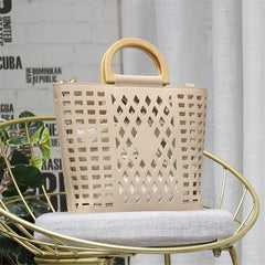 Hollow Out Beach Bag Wood Handle Tote Bag PU Leather Shoulder Bag