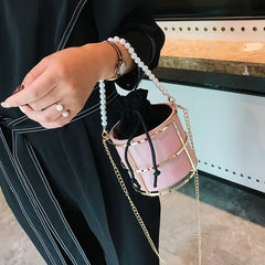 Pearls Beaded Handle Women Bucket Bags Chain Shoulder Crossbody Evening Clutch