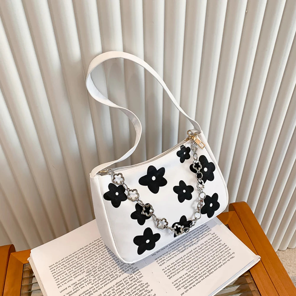 Canvas Flower Print Handbag Small Chain Purse Tote Shoulder Bag for Women