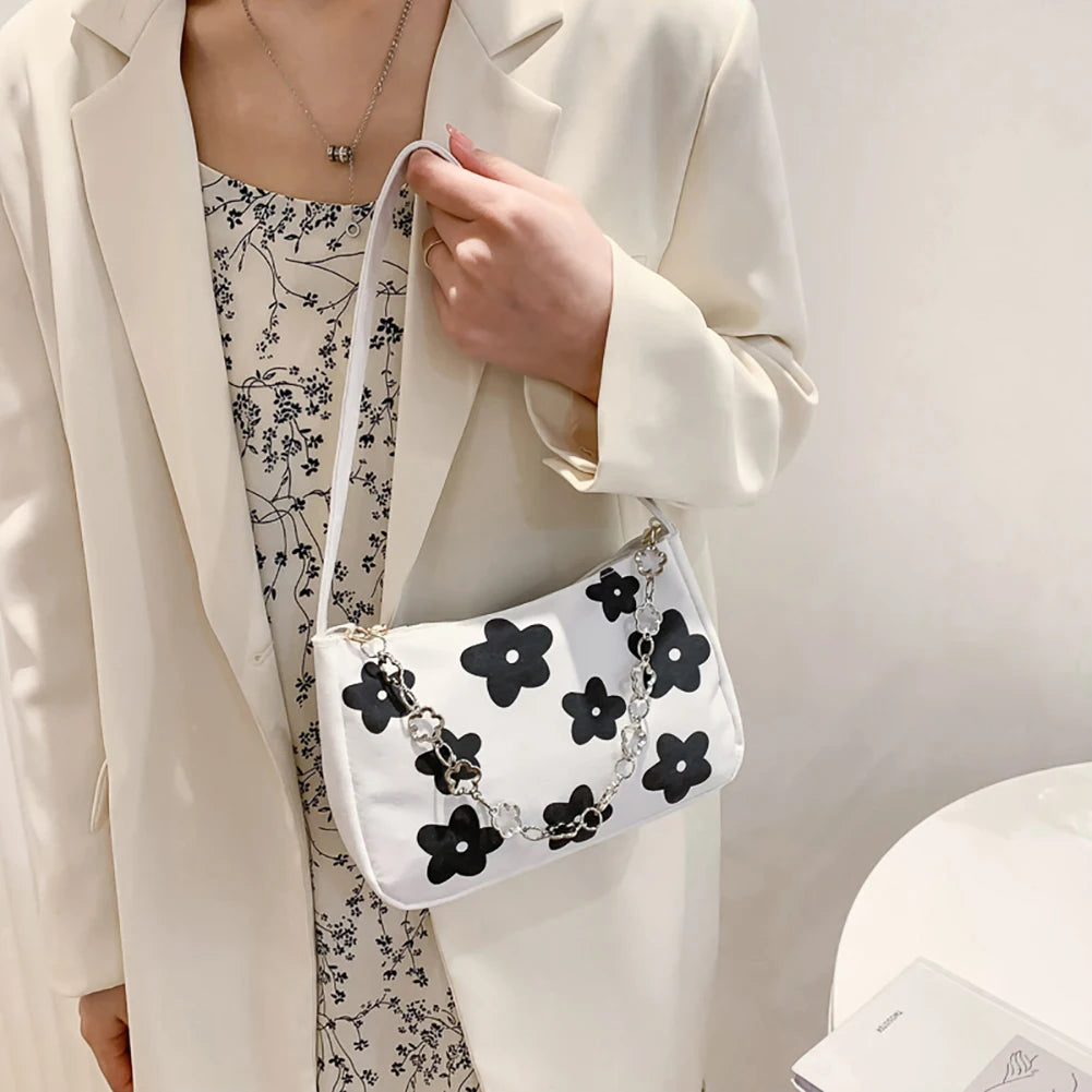 Canvas Flower Print Handbag Small Chain Purse Tote Shoulder Bag for Women