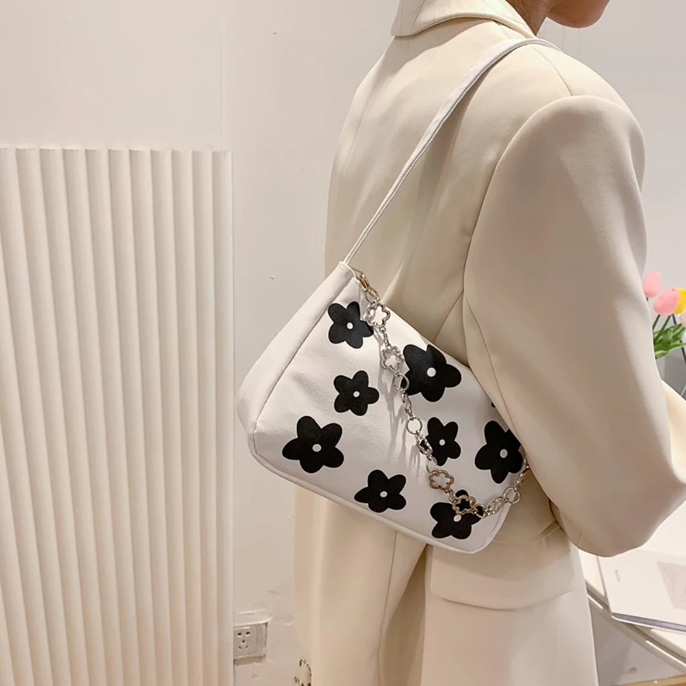 Canvas Flower Print Handbag Small Chain Purse Tote Shoulder Bag for Women