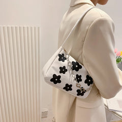 Canvas Flower Print Handbag Small Chain Purse Tote Shoulder Bag for Women