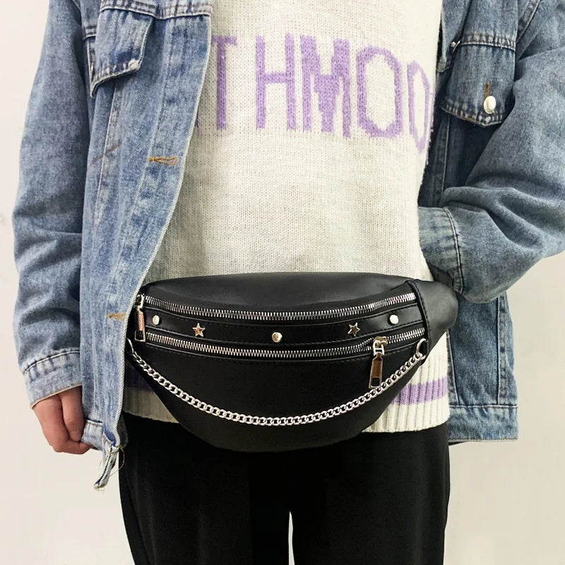 Women Chest Bag PU Leather Crossbody Shoulder Bags Punk Style Waist Bag