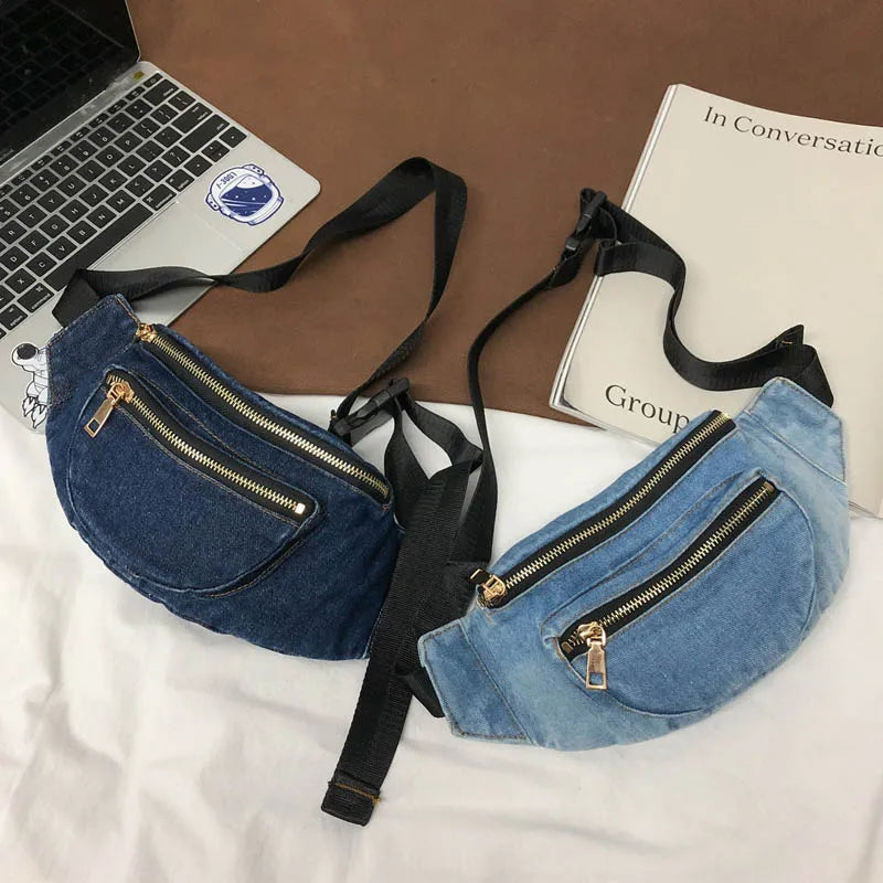 Women Denim Chest Bag Waist Bag Fanny Pack Clutches Purse
